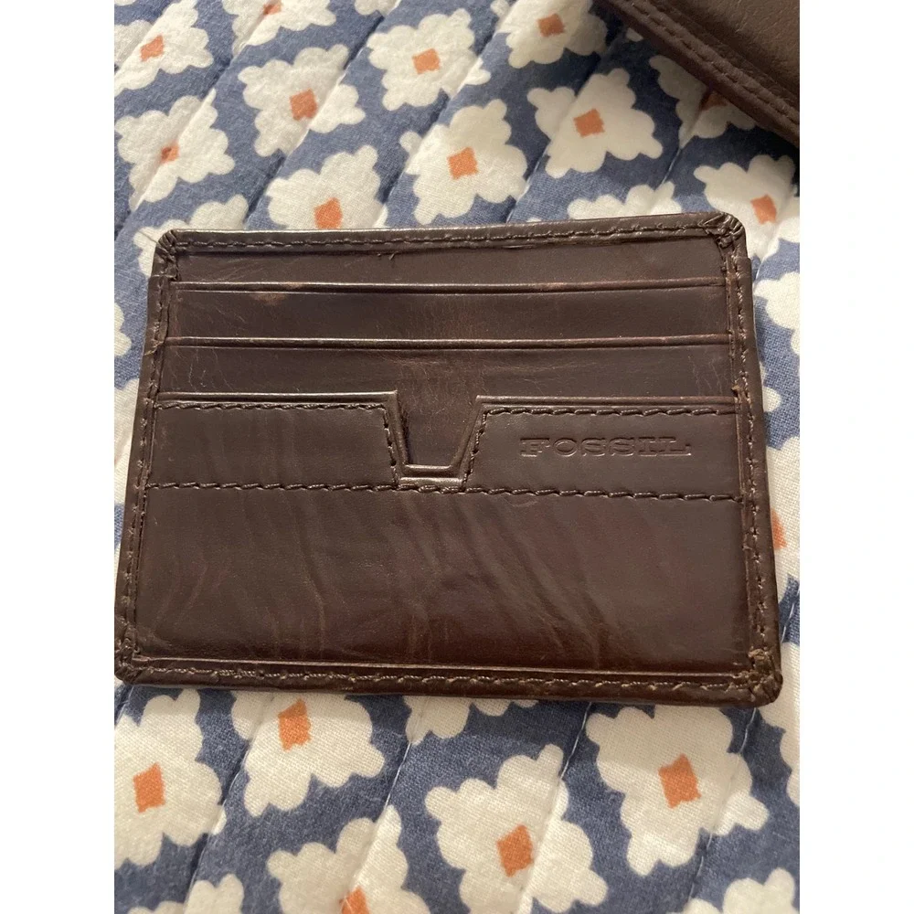 Fossil Mens Bifold Wallet and Removable Card Case Set Dark Brown Genuine Leather